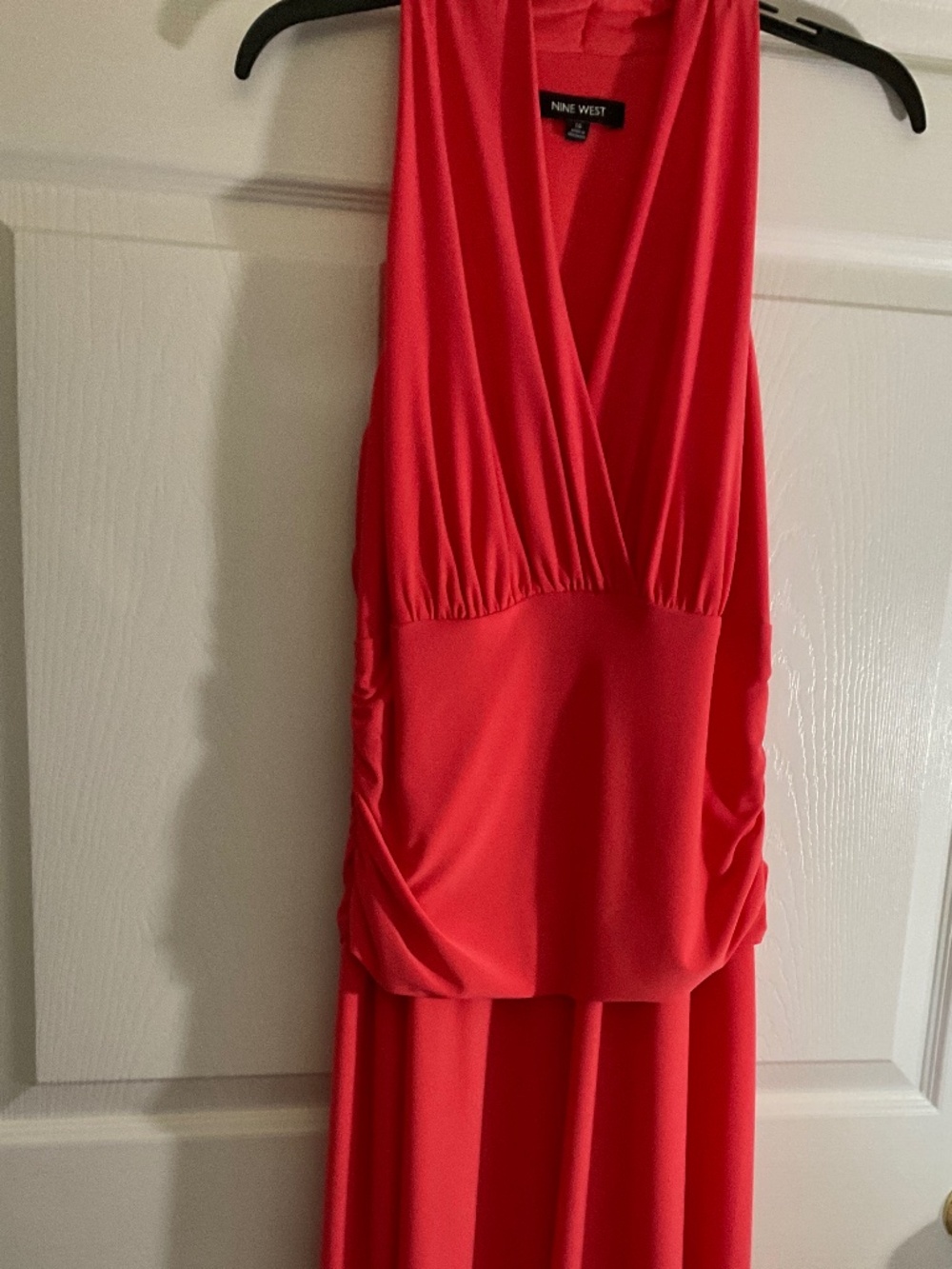 Nine West Peach Sleeveless Ruched Halter Dress V-Neck, Size 14